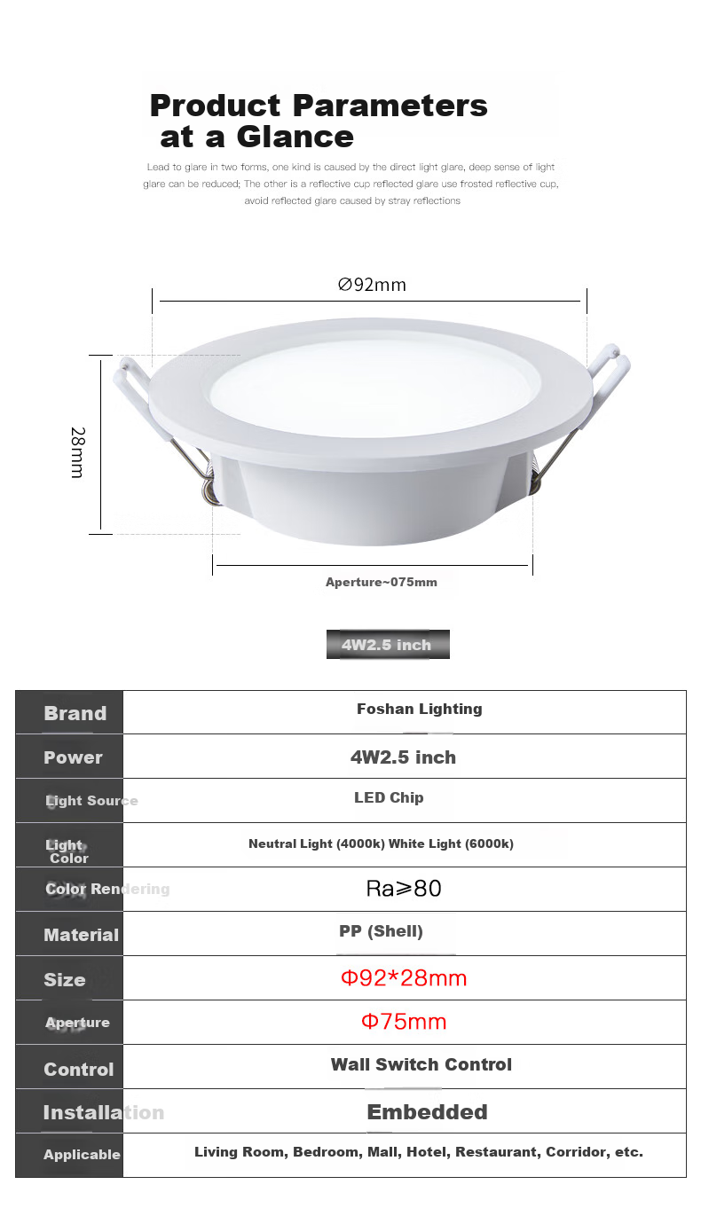 Foshanzhaoming (FSL) LED Downlight, 2.5 Inch, 4W, Cool White 6000K, Full Plastic PP Flame-Retardant Integrated Downlight 7