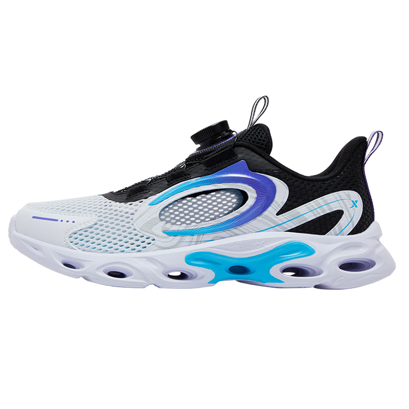XTEP Children's Shoes for Boys, Hollow Frame Breathable Rotating Buckle Running Shoes for Older Kids, Black/new White/pure Blue, Size 33