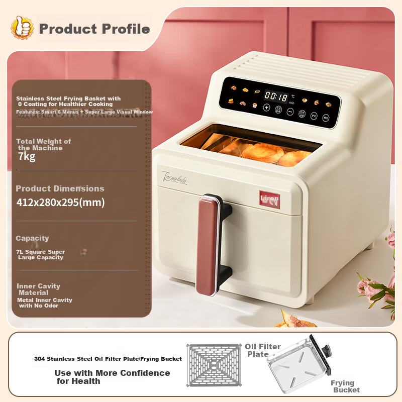 Liven Air Fryer, Non-Coated 304 Stainless Steel Frying Basket, 7L Smart Visible Large Capacity Can Roast Whole Chicken, No Flipping Required Metal Interior KZ-D7170