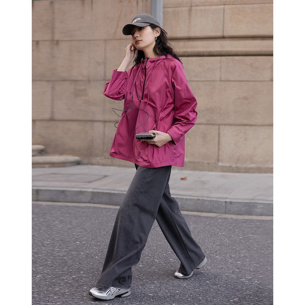 Demana [Weekend City] Spring Urban Outdoor Nylon Hooded Colorblock Drawstring Pocket Mid-Length Coat for Women