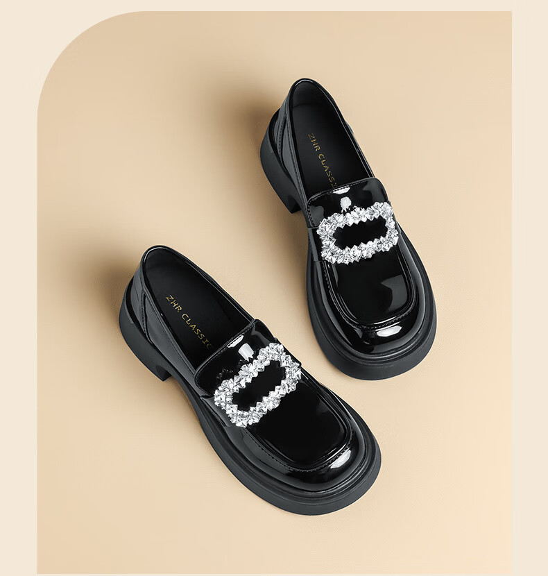 ZHR Women's Loafers, Fashionable Patent Leather Versatile Rhinestone Women's Shoes, Thick-Soled Heightening Black Leather Shoes for Women, JF76 Black, Size 37 15