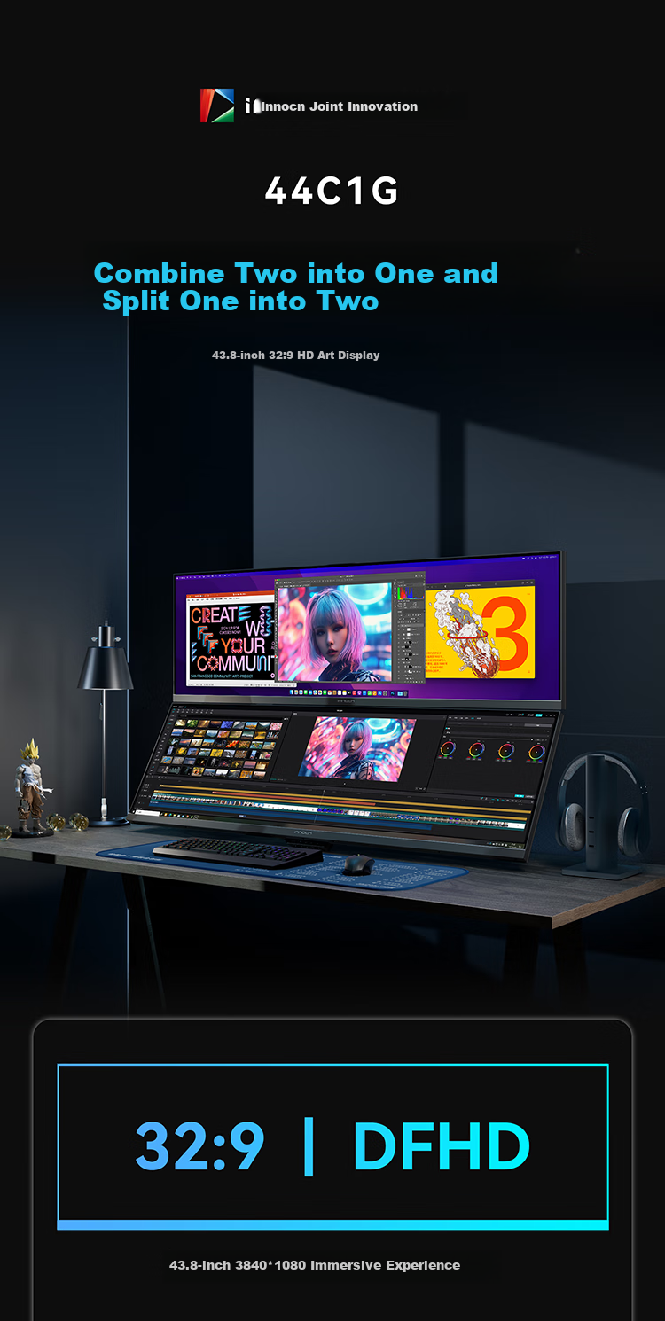 Inno&cn 43.8-Inch 32:9 Ultra-Wide Straight Fish Screen Smart Dual Display Anti-Blue Light Eye Protection Mac Mini Split-Screen Editing Stock Trading Design Office Computer Monitor 44C1G 3