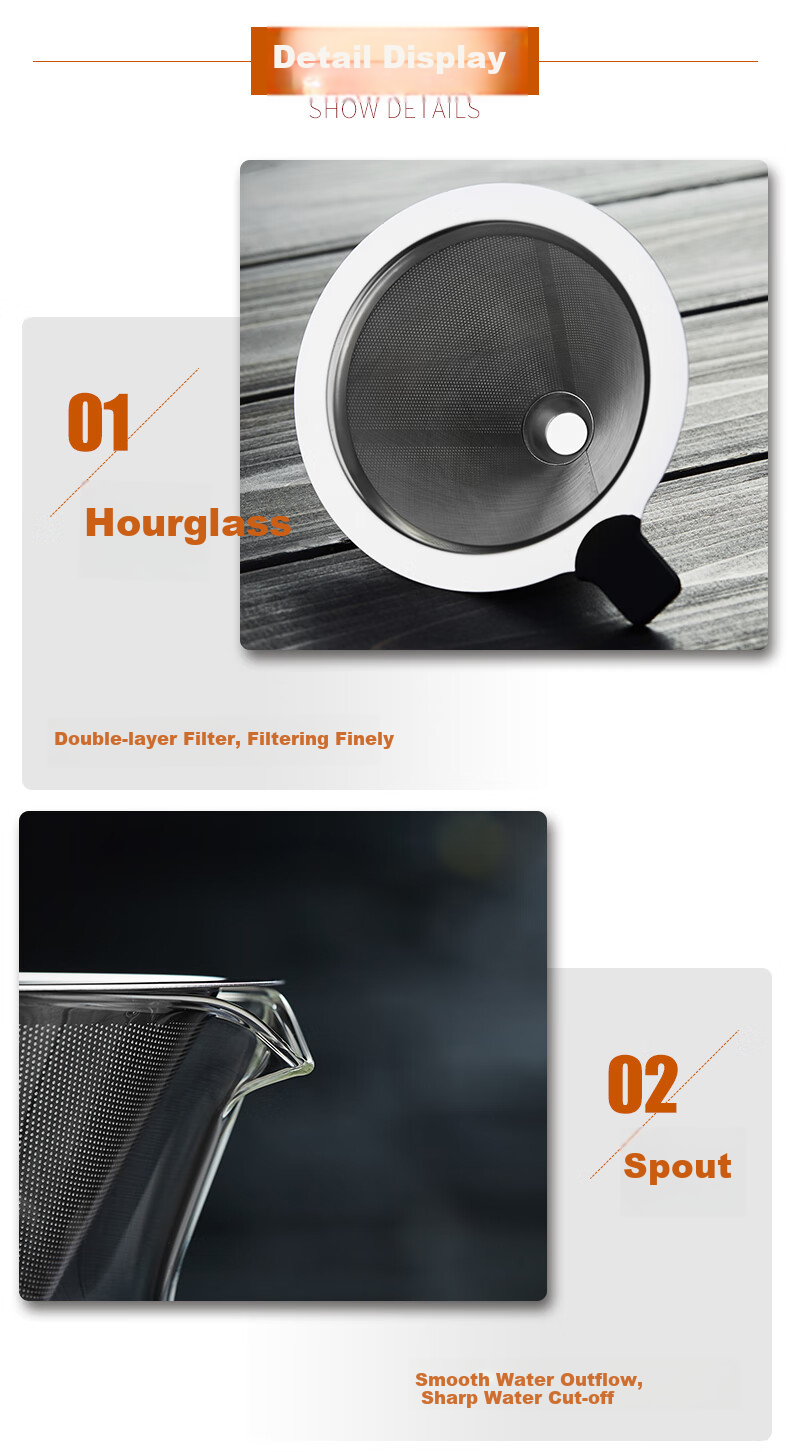 Meisini Pour-Over Coffee Maker, Glass Sharing Pot, Stainless Steel Drip Filter Cup, Filter Paper with Scale 6