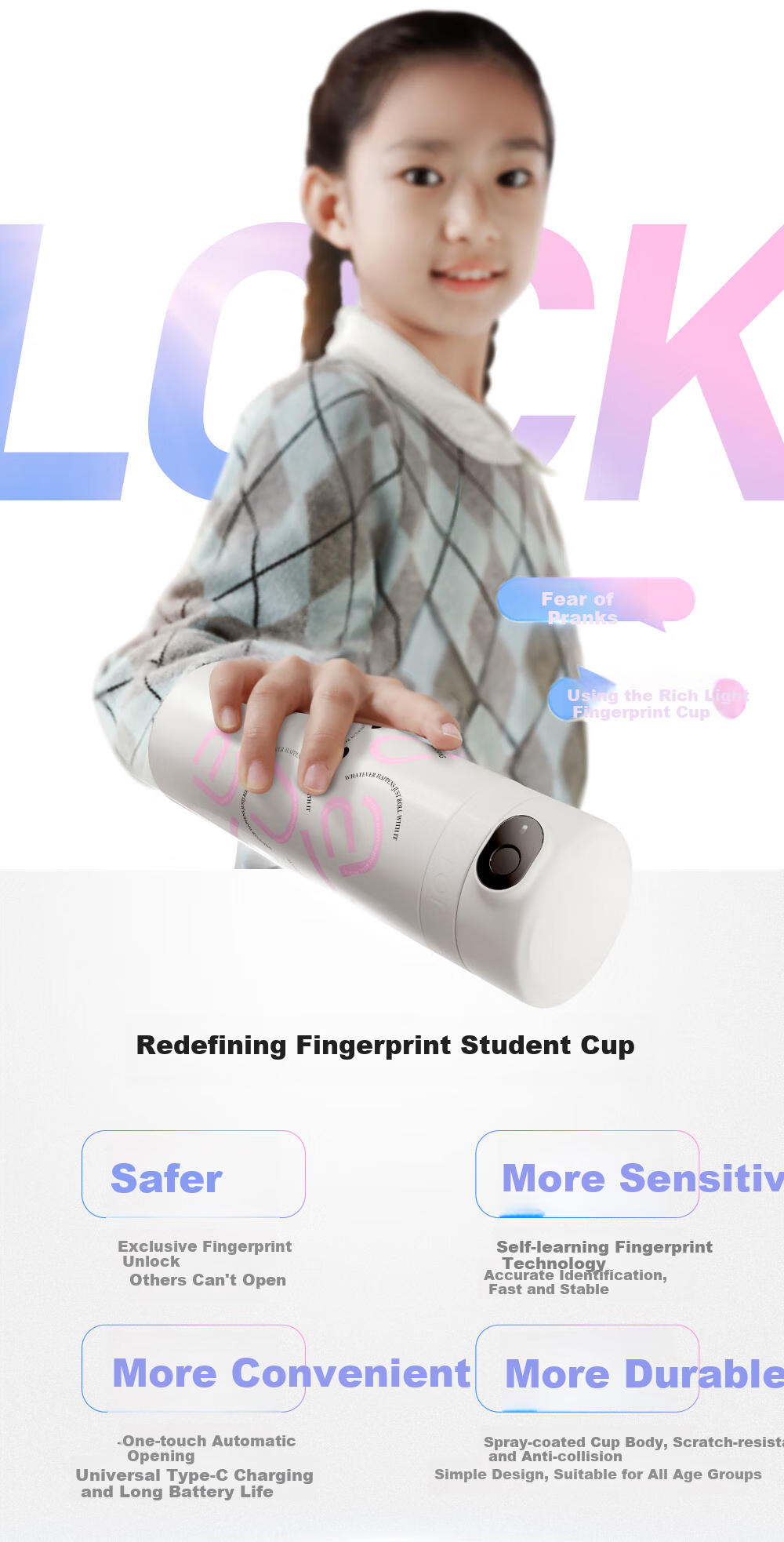 FGA Fuguang Intelligent Fingerprint Unlock Password Children's Insulated Cup, Boys And Girls Elementary School Students Straw Water Bottle, Holiday Gift, Blue 3