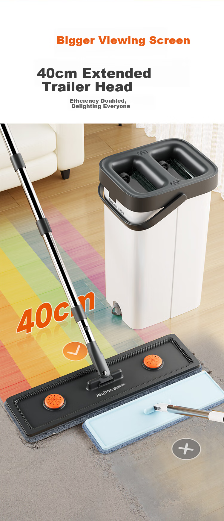 Jiabangshou Flat Mop, 40cm, 2 Cloth Pads, Household All-In Mop, No Hand Washing Required, 2026 Model with Bucket, Complete Set of Mop And Cleaning Cloth, Floor Cleaning Wonder 3