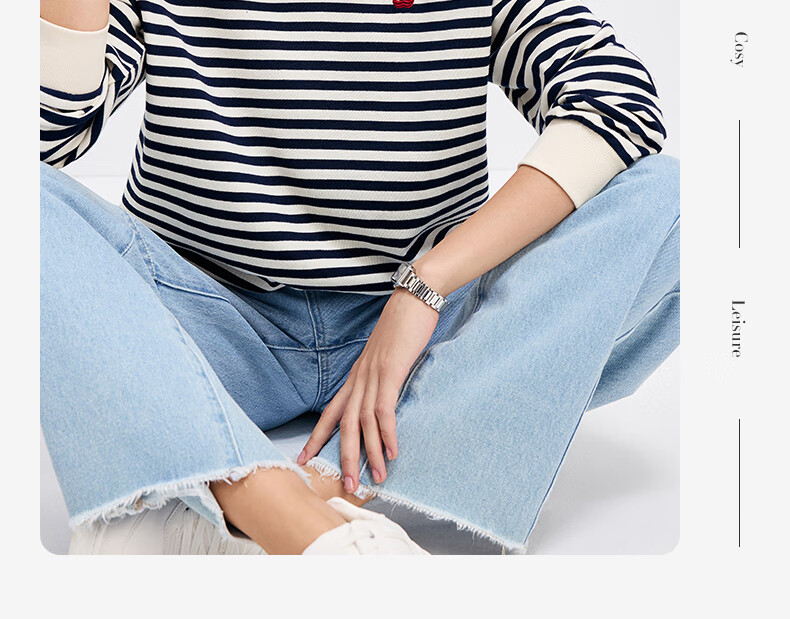 Navigare Women's All-Cotton Loose Long-Sleeve Sweatshirt, Striped Round Neck T-Shirt, 2315005501 21