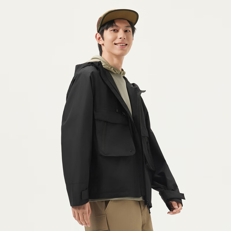 Gxgjeans Men's Clothing, Workwear Style Multi-Pocket Casual Hooded Jacket, Spring 2025 New Arrival, Black, 175/L