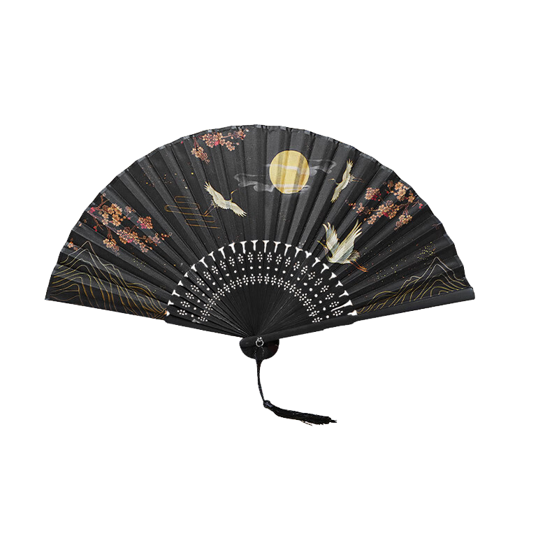 Jidu Space Traditional Chinese Folding Fan Silk Bamboo Fan Birthday Gift Hanfu COS Photography Dance Prop Crane Whisper Pavilion