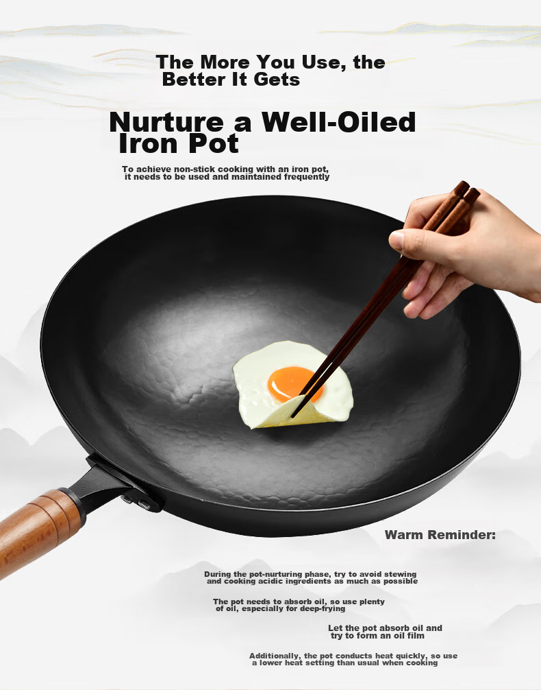 Jitiechui Iron Wok Pan, Non-Stick Cooking Pan, Hand-Forged, No Coating, Traditional Cast Iron Pan for Gas Stove, 32cm 16