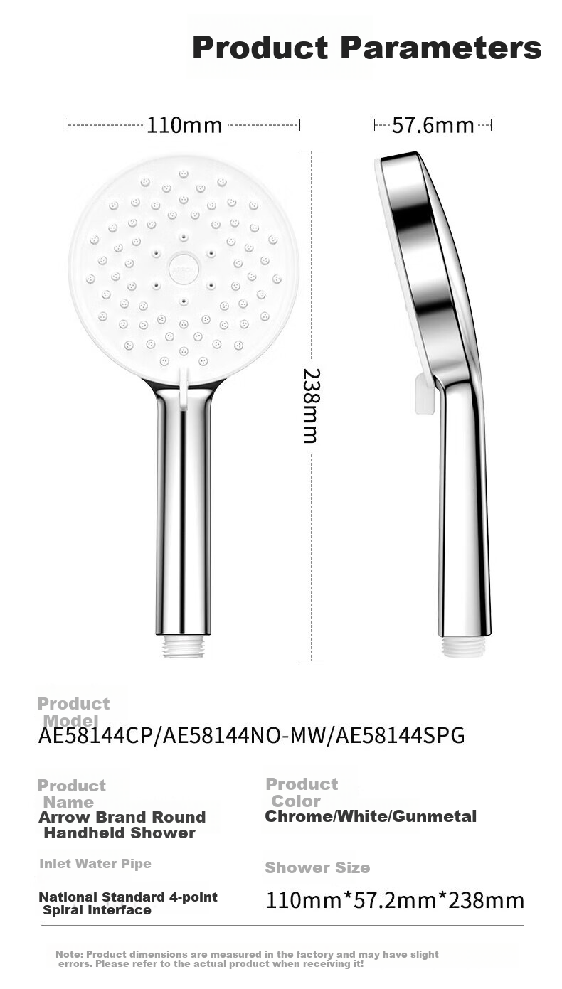 ARROW Handheld Shower Head, Bathroom Spray Nozzle, 3 Water Settings, Shower Single Head, Shower Sprayer 1