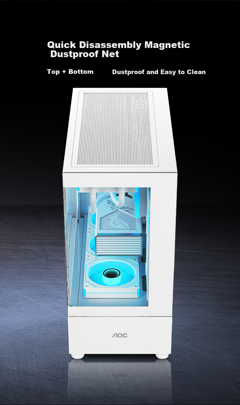 AOC CG393W White Gaming Desktop Computer Case, Dual-Sided Glass, MATX Motherboard, 360mm Water Cooling, 9 Fan Positions, Upper And Lower Compartments 2