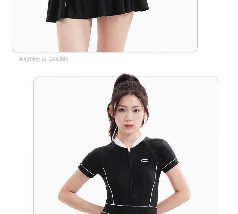 Li-Ning Women's One-Piece Skirt Swimsuit Slimming Chlorine-Resistant Quick-Dry Spa Swimwear Black M 19