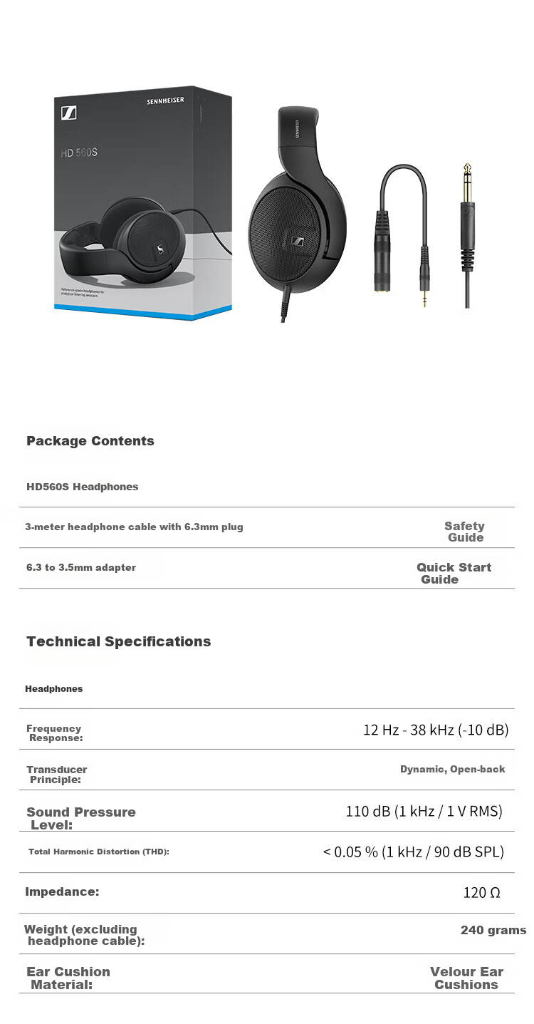 Sennheiser HD560S HiFi Headphones, Wired High-Fidelity Music Earphones, Open-Back Over-Ear Gaming Headset, Gift 8