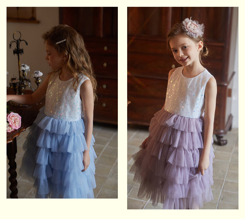 Follow Me Girls' Sleeveless Dress Summer Sequin Tulle Cake Skirt Sweet Princess Dress for Little Girls White/blue 110 4
