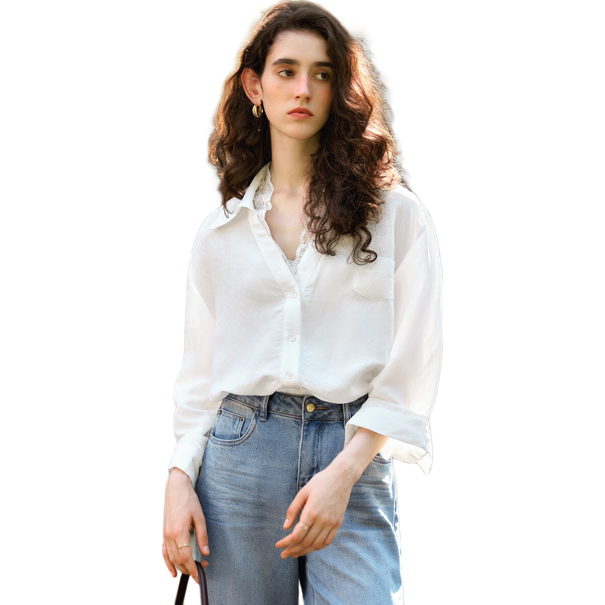 Olrain French-Style White Blouse for Women, Versatile Design with Double-Layer Lace, Suitable for Commuting, White, XL