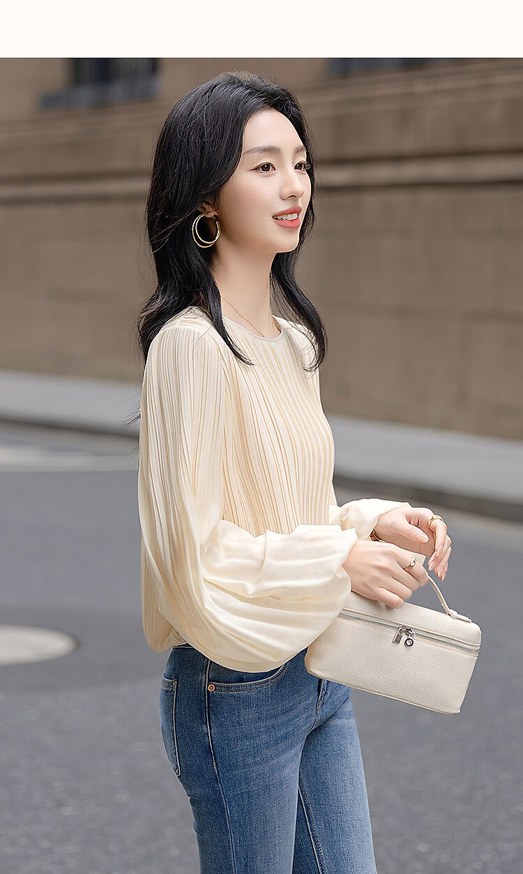 Dme [Gentle Daily] Spring Cream-Colored Textured Chiffon Blouse with Lantern Sleeves, Ladylike Shirt Women's Top 11