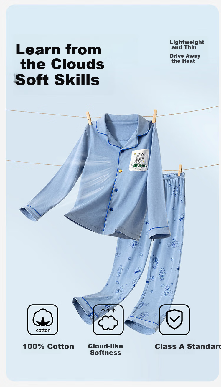 Dingguagua Children's Pajama Set, Spring And Summer Long-Sleeve Pure Cotton Boys' Loungewear, Class A Breathable, Light Blue, Size 120 3