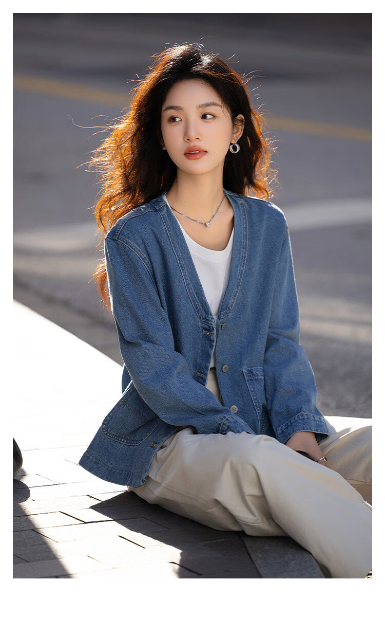 Dme [Cool And Stylish] Spring V-Neck Classic Washed Denim Blue Jacket for Wome 3