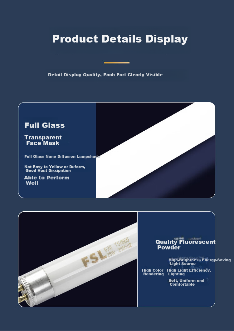 FSL Foshan Lighting T5 Tri-Phosphor Daylight Tube, Long Strip Light, Fluorescent Lamp, Grid Light, 0.55 Meter, 14W, Cool White, Pack of 5 7
