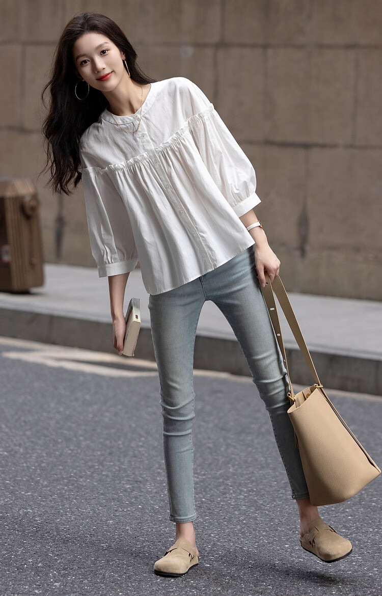 Dme [Gentle Trailer] Spring And Summer French Pure Cotton Pleated Wrinkled Shirt with Ruffle Collar And Puff Sleeves Women's Blouse Top 8