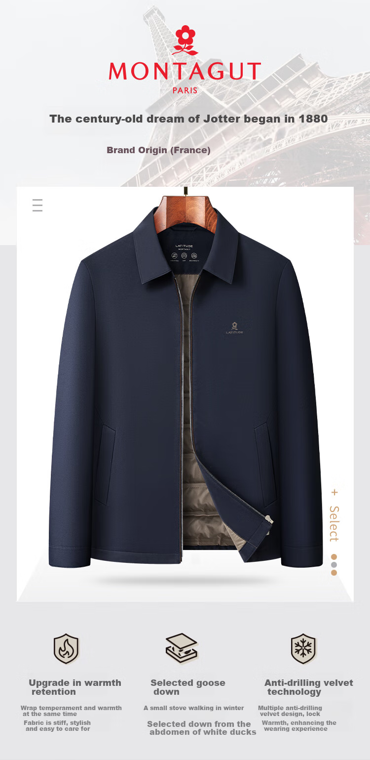MONTAGUT down Jacket, Winter Men's 85% Goose Down, Water-Repellent Business Lapel Jacket, Cold-Proof Warm Coat, Navy Blue, Size 52 2
