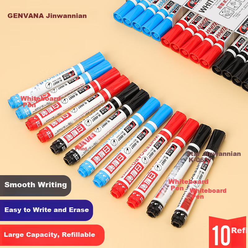 Genvana Black Refillable Whiteboard Markers, 10 Pcs/box, for Office Meetings, Erasable, G-634 1