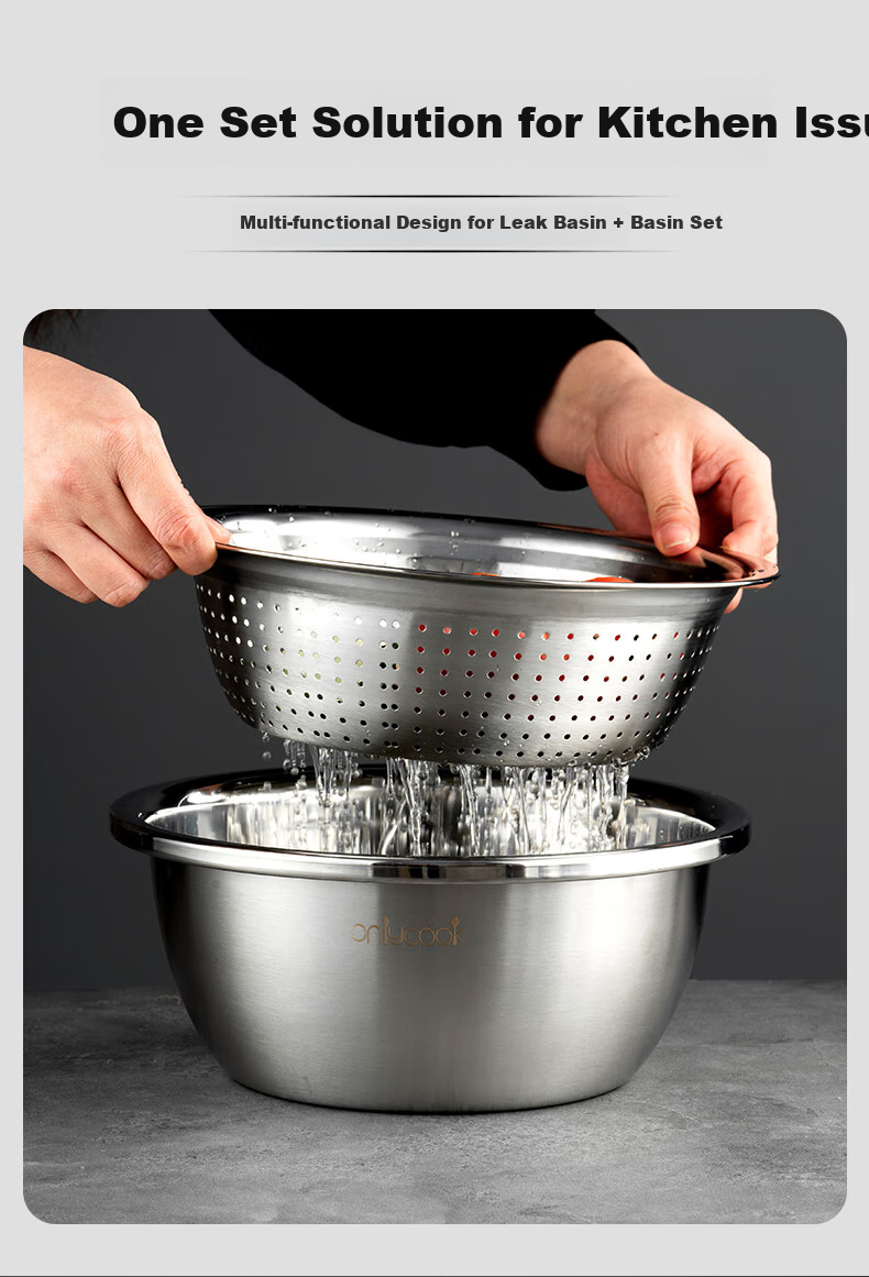 Onlycook 304 Stainless Steel Bowl And Strainer Set, Large Thick with Draining Basket, Vegetable Washing Bowl, Rice Washing Sieve And Dough Mixing Bowl, 5-Piece Set 3