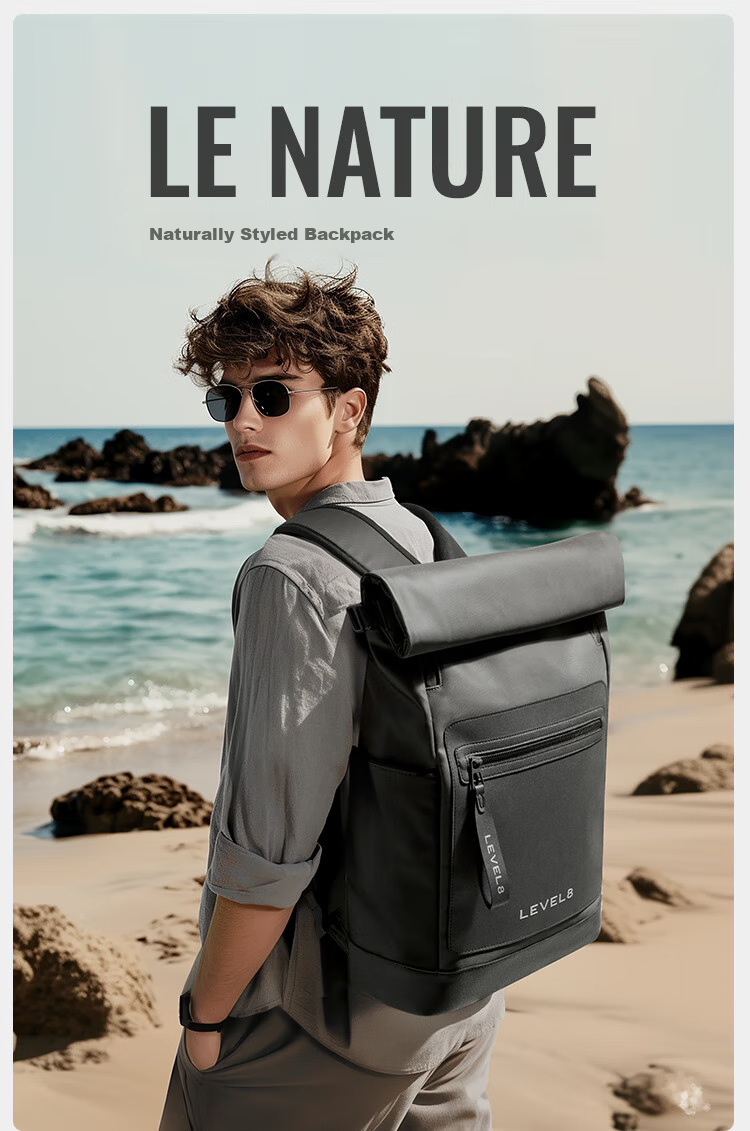 LEVEL8 Natural Square Men's Backpack, 16-Inch Laptop Bag, Commuter Zipper Large Capacity Schoolbag, Business Travel Backpack 2