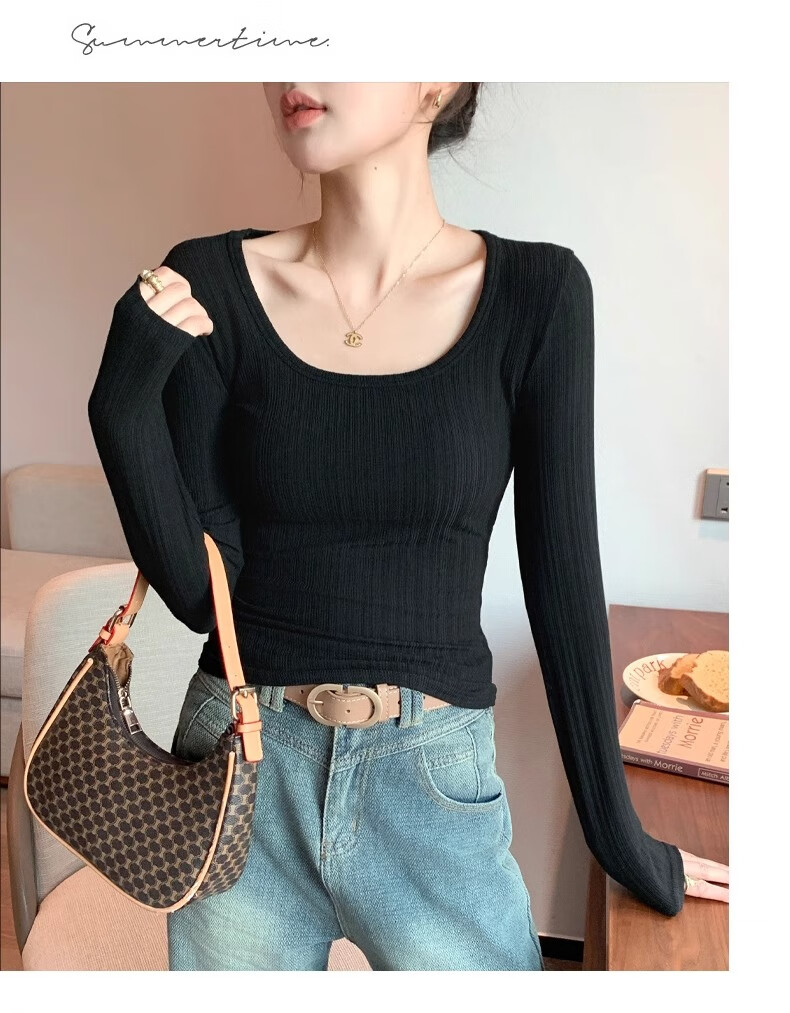 Yuzhaolin Women's Basic Long Sleeve T-Shirt Thin Large U-Neck Slim Fit Simple Versatile Top for Spring and Autumn 20