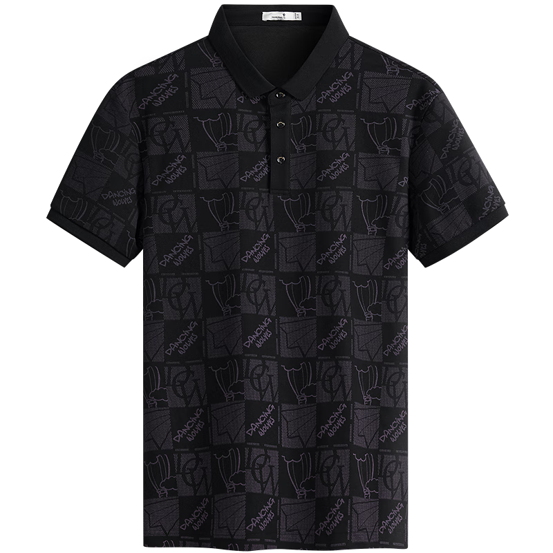 DANCING WOLVES [7A Antibacterial] Summer Cool-Feeling All-Over Hot Air Balloon Casual Men's Short-Sleeve POLO 001 Black XL(180)