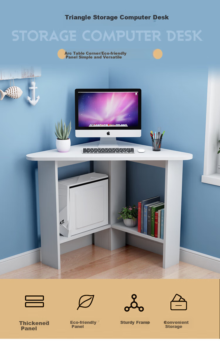 KULIN Computer Desk, Corner Desk with Storage Shelf, Triangular Desk for Small Spaces, Walnut Color 1