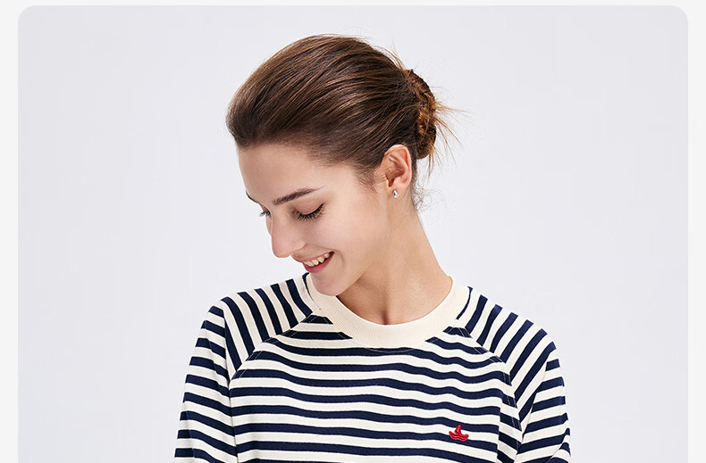 Navigare Women's All-Cotton Loose Long-Sleeve Sweatshirt, Striped Round Neck T-Shirt, 2315005501 5