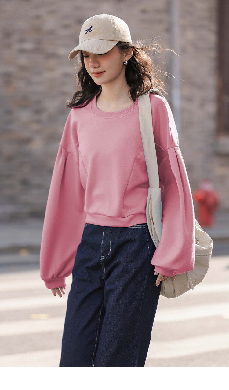 Dme [Raspberry Pink Short Puff Sleeve] Autumn Round Neck Drop Shoulder Puff Sleeve Plus Size Split Design Sweatshirt 8
