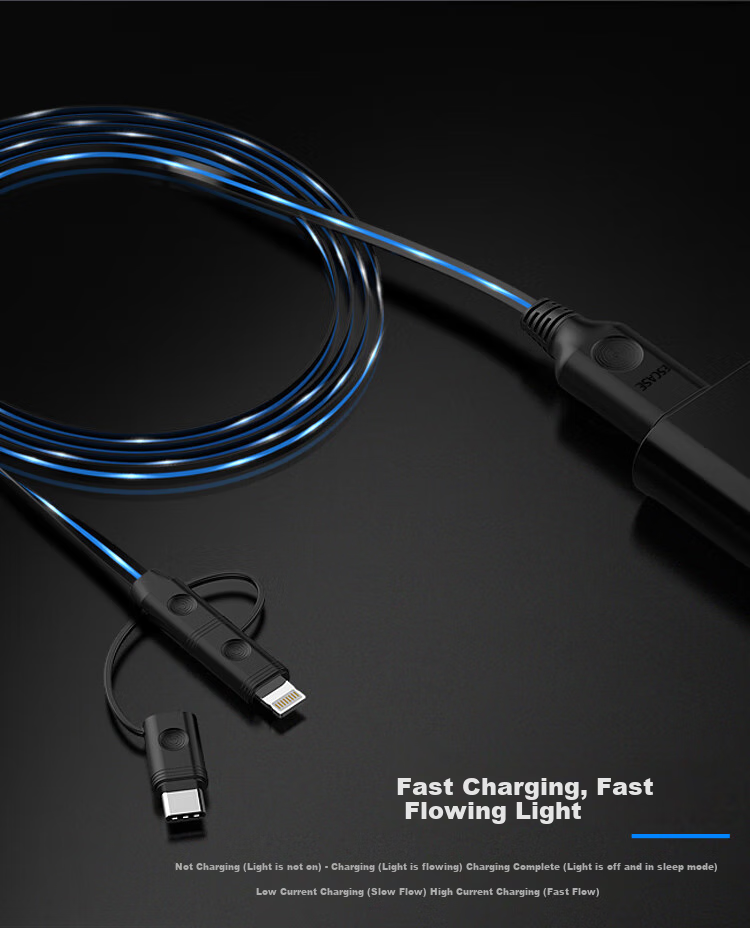 ESCASE Three-In Charger Cable for Apple Phones, Compatible with IPad 12.9-Inch Type-C, Android, Huawei, Multifunctional Flowing Light C28 Blue 2