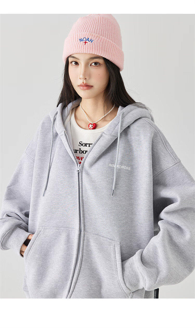 GOLFCROSS Couple's Style, 2025 Spring New Arrival, Letter Embroidery Hooded Drawstring Cardigan Sweatshirt, Floral Gray, M 16