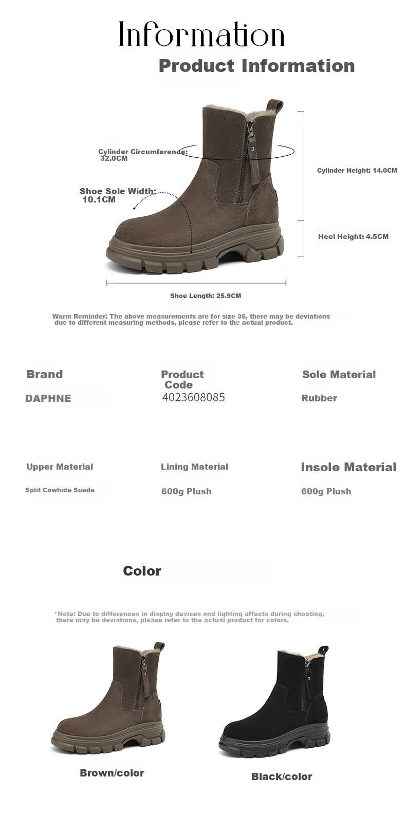 DAPHNE Women's Snow Boots, Winter Fleece-Lined Thick Warm Ankle Boots, Northeast Cotton Shoes, 4023608085, Brown, Size 39 2