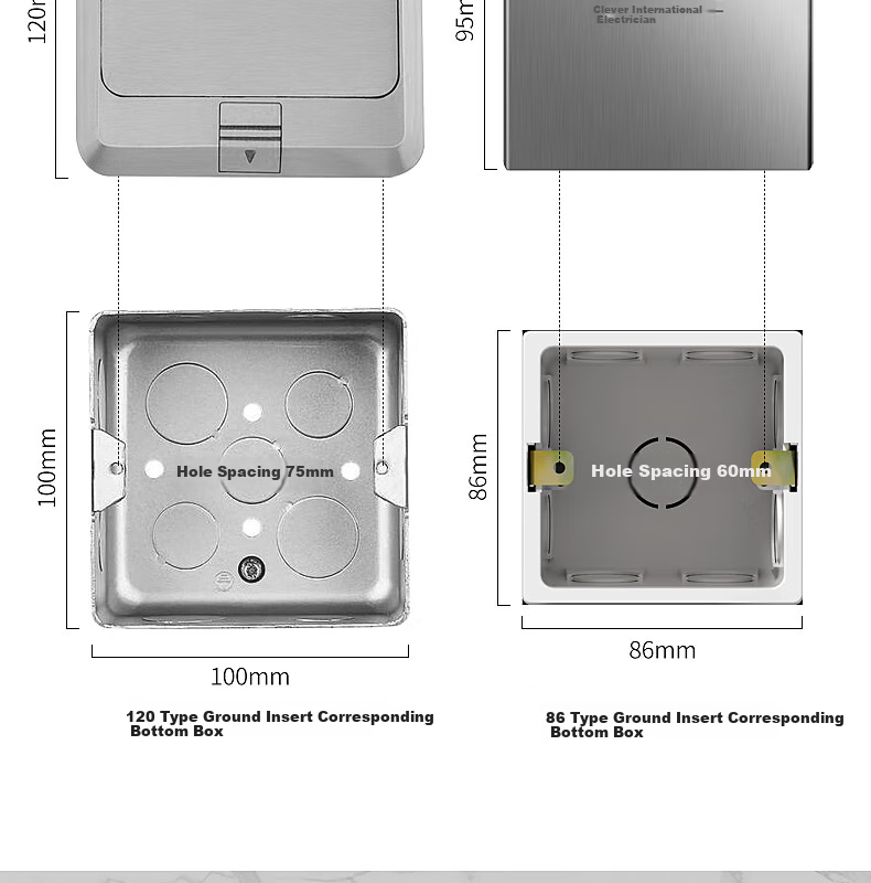 FDD Floor Socket, 86-Type Flat Push-In Floor Socket, Ultra-Thin Sliding Cover, Stainless Steel Waterproof Wall Concealed Box Floor Socket Box, Silver, Five Holes 2