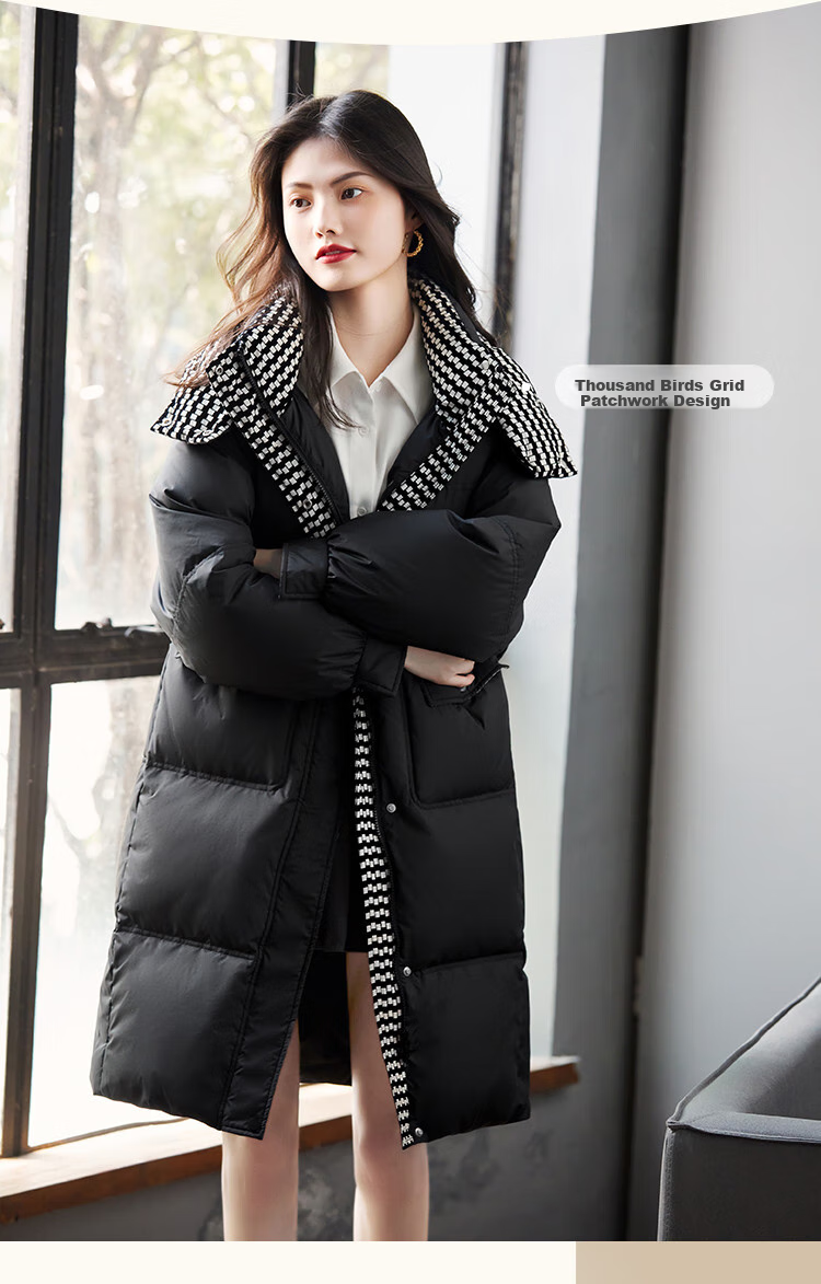 Dme [90% Down Thickened Warm down] Winter Coat with Houndstooth Pattern Patchwork Over-Knee Mid-Length down Jacket for Wome 2