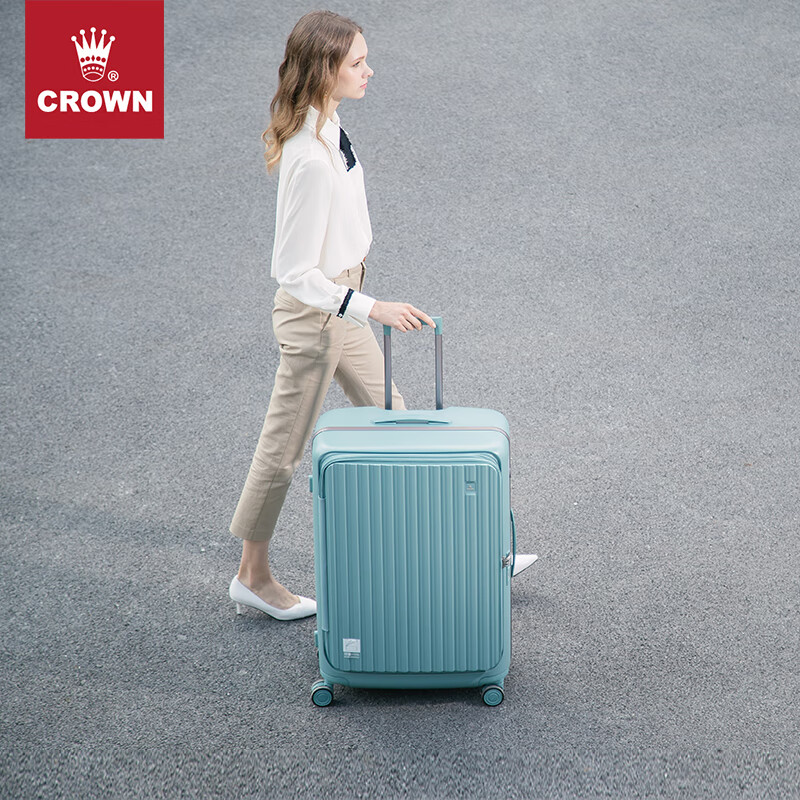 CROWN Zipper Aluminum Frame Suitcase, Large Capacity, Universal Wheels, Side-Opening Travel Case, Summer Vacation Luggage, 5278-25 Enamel Blue