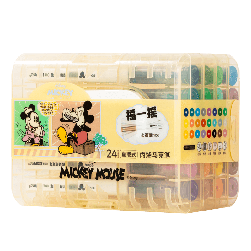 Disney 24-Color Direct Liquid Acrylic Markers, Children's Drawing Pens, Quick-Drying Cartoon Waterproof Paint Pens for Elementary School Students, Mickey Mouse Stationery
