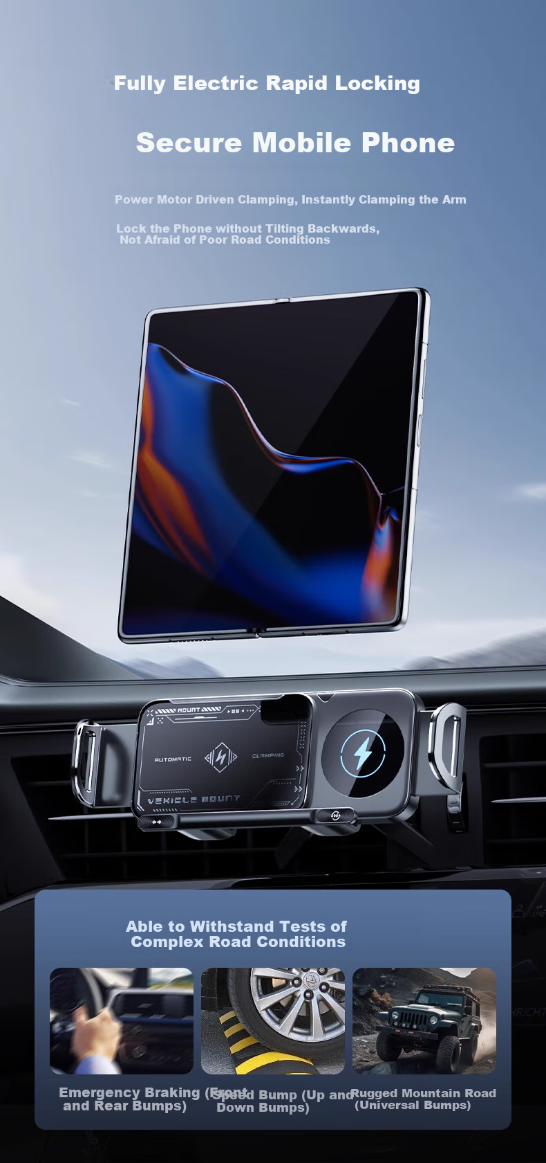 HELLOLEIBOO Foldable Phone Car Mount with Wireless Charging, Suitable for Huawei X5 And Samsung Large-Screen Phones, Electric Fixed Navigation Stand 5