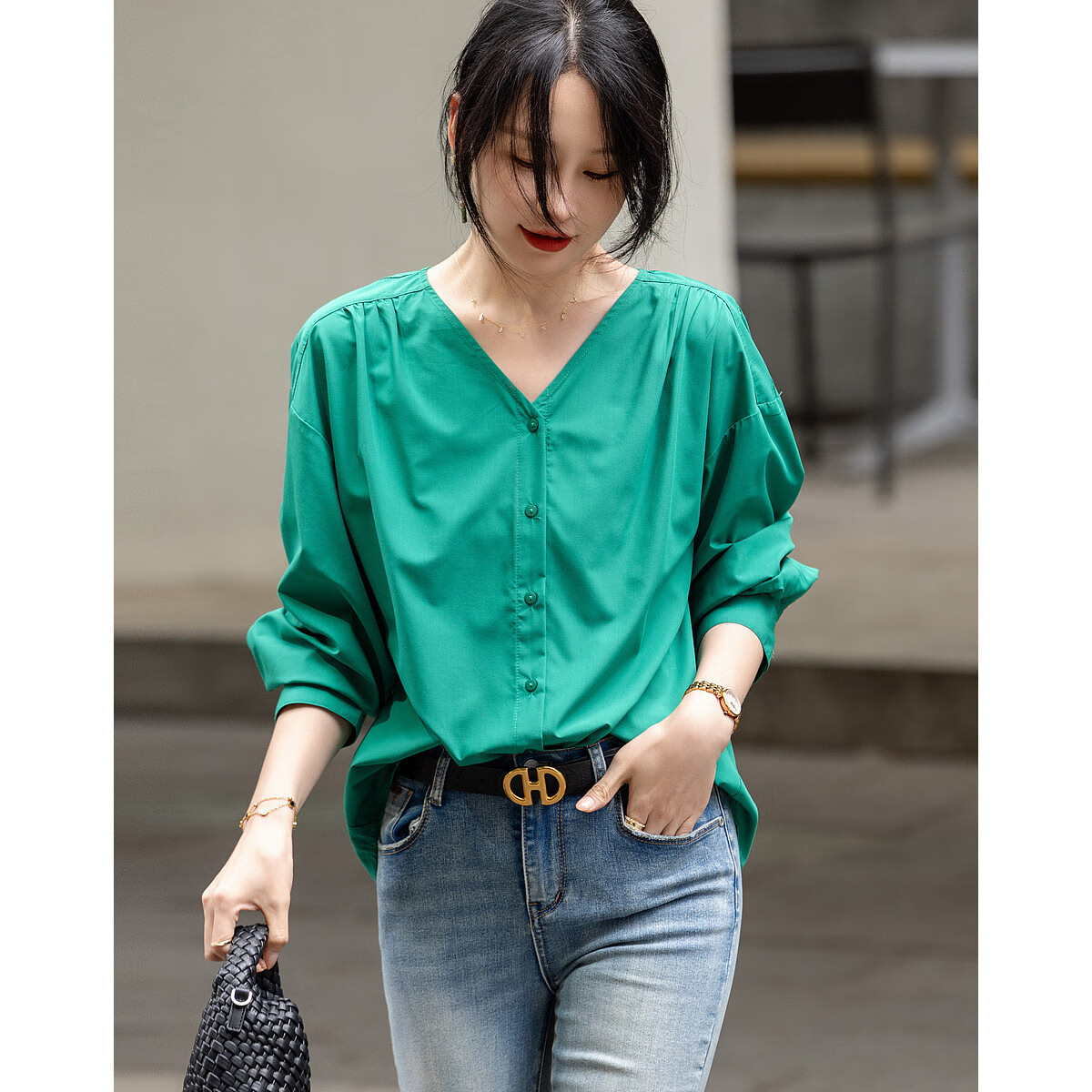 Dme [Dopamine Color Palette] Spring And Autumn French Relaxed V-Neck Shirt, Elastic Comfortable Slimming Blouse, Women's Top