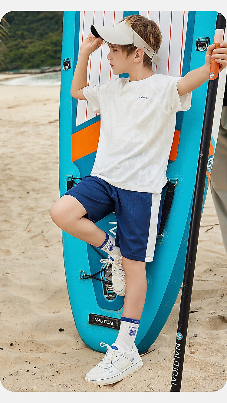 ASK JUNIOR Children's Clothing Set, Boys' Summer Outfit, Cool Thin Short-Sleeve T-Shirt And Shorts, Running Sports Two-Piece Set, Blue 2