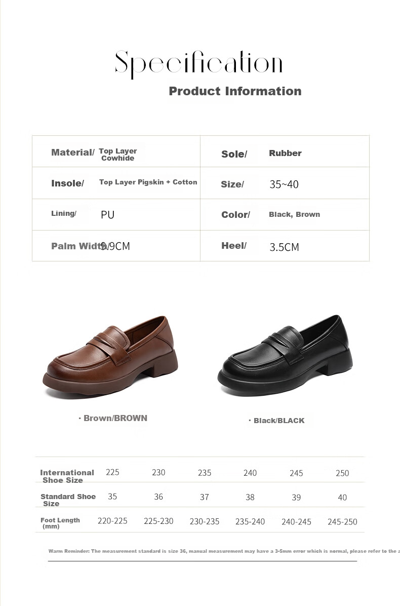 ZHR Top-Grain Leather Loafers for Women, Academic Style Chunky Heel Pumps, Comfortable Versatile Thick-Soled Leather Shoes KL01 Black Size 35 5