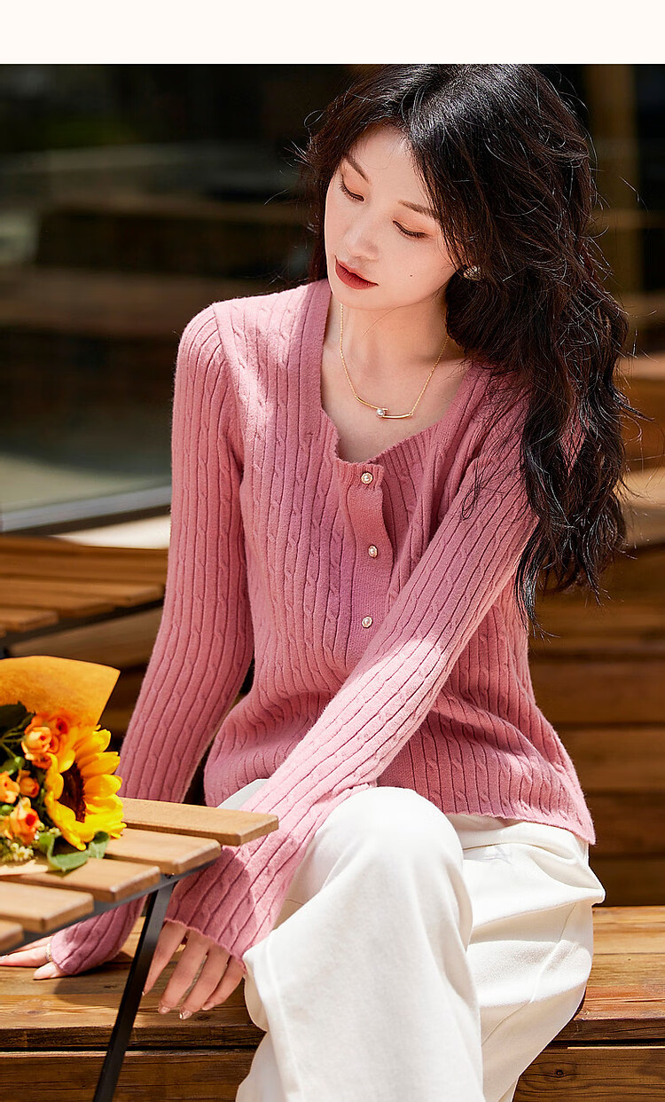 Dme (Xuainitianxin) Spring And Autumn French Square Collar Sweater, Simple Style Long-Sleeve Cardigan, Soft Elastic Knit Sweater, Women's Top 20