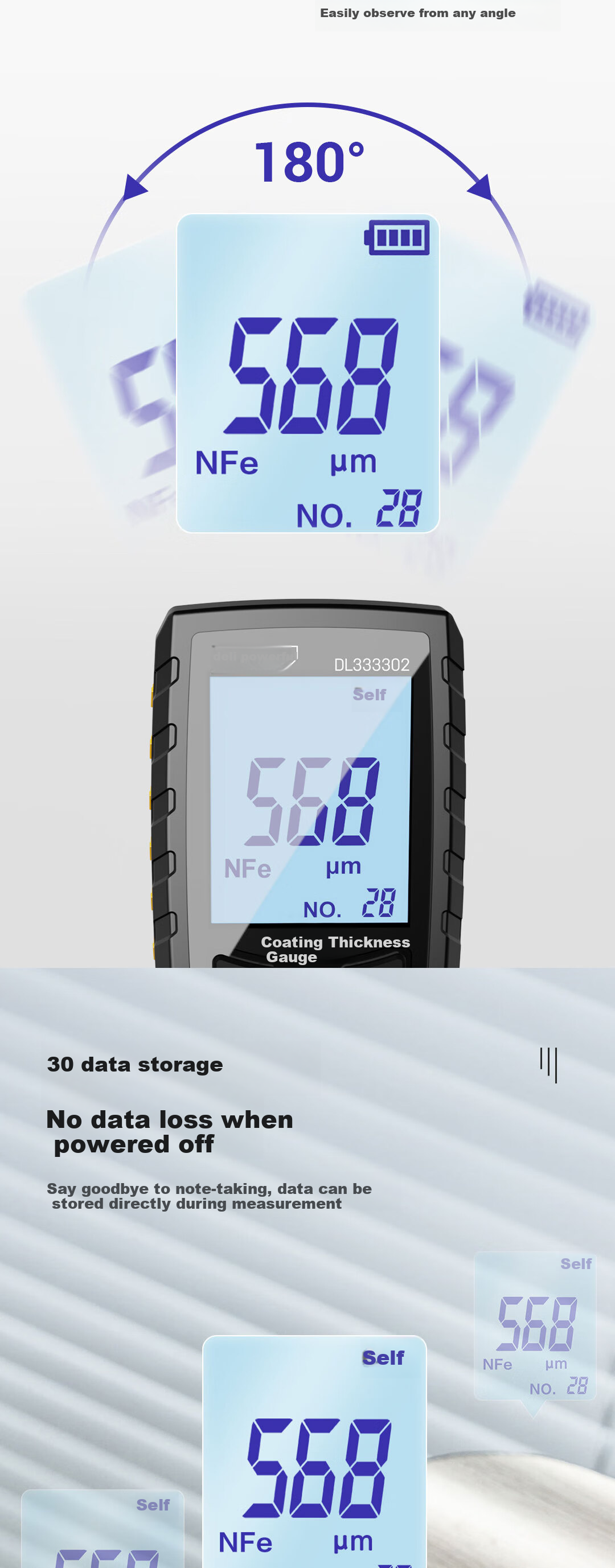 Deli Large Range Dual-Screen Rotatable Digital Coating Thickness Gauge for Automotive Paint and Rubber Coating 5