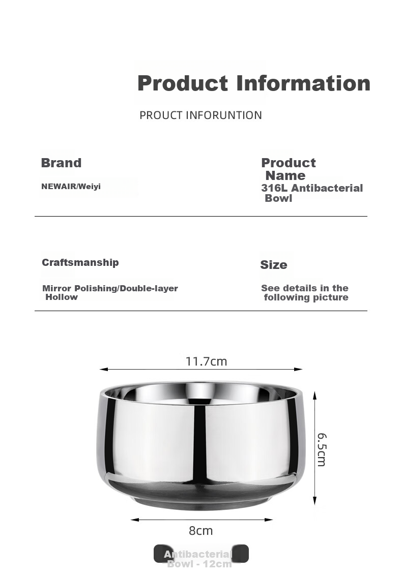 Newair 316L Stainless Steel Bowl, Children's Household Baby Small Bowl, Adult Double-Layer Insulated Soup Bowl, Food-Grade Eating Bowl, Tableware 8