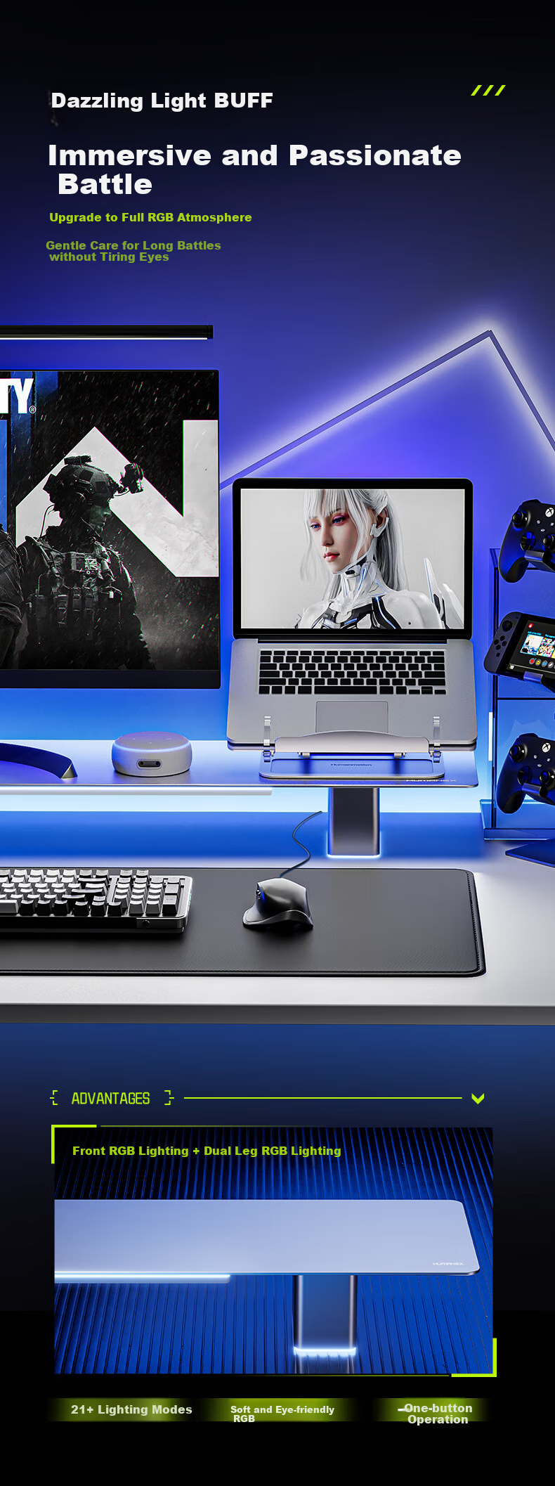 HUMANEX Monitor Riser Stand, Laptop And Desktop Computer Display Stand, Precision Aluminum Material, Dual-Screen RGB Gaming Lighting Effects, Desktop Keyboard Storage Rack, D16-UG 3