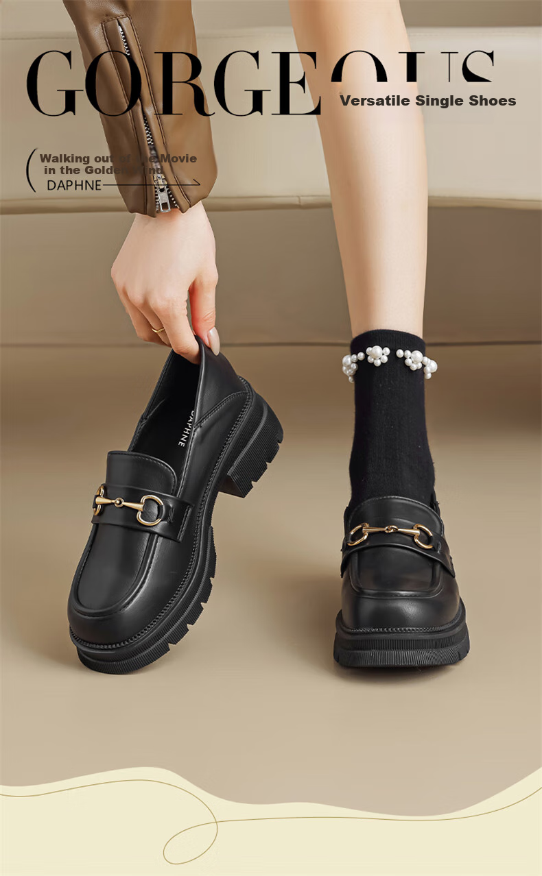 DAPHNE Black Platform Loafers for Women, Summer 2026 New Style, Commuter Popular, Height-Increasing British Style Slip-On Leather Shoes 1