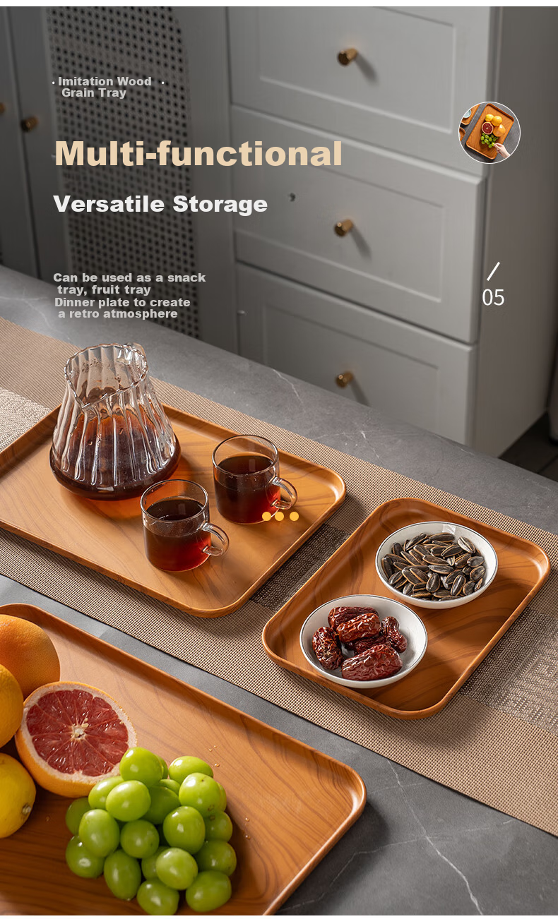 CAIZHI Rectangular Tray, Chinese-Style Tea Tray, Household Cup Holder, Fruit Plate, Draining Tray, Wood-Like Texture, Large Size CZ6217 7